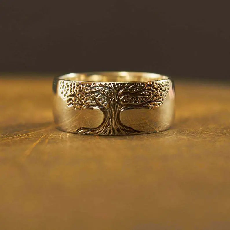 simple retro carved tree of life ring
