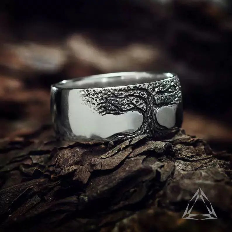 simple retro carved tree of life ring